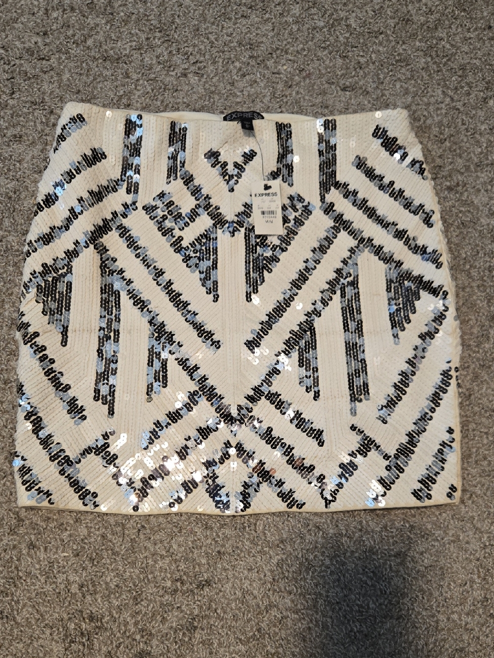 Express White Mini Skirt with Black & Silver Sequin Geometric Design